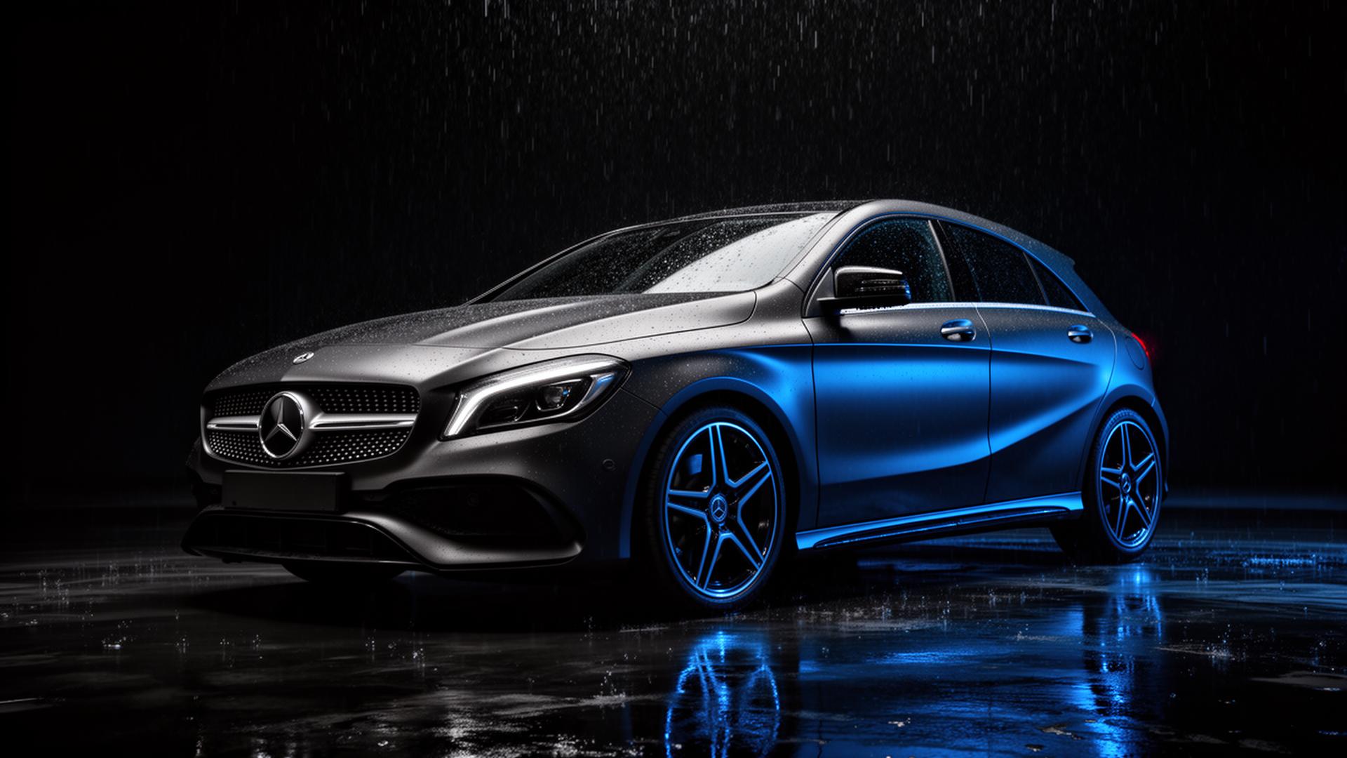 Carro premium em estúdio escuro com iluminação azul